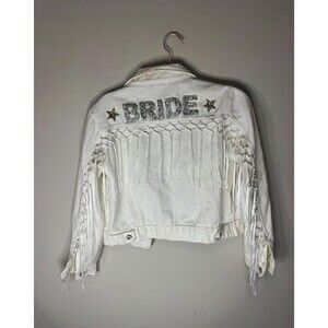 Event Blossom Women's White Denim Jacket S/M Rhinestone BRIDE Fringe Pockets